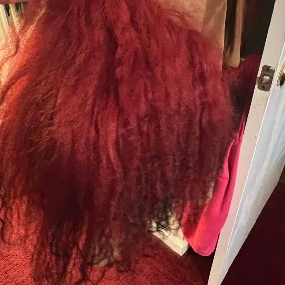 BEBE Tan Suede Jacket with Deep Red Mongolian Fur Trim - Picture 3 of 6